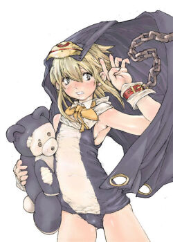 1boy alternate_color arc_system_works armpits bear blonde_hair blue_eyes blush bridget_(guilty_gear) bulge buruma chain crossdressing crossdressing_(mtf) guilty_gear habit ichimonji_kei jpeg_artifacts male_focus one-piece_swimsuit ribbon roger school_swimsuit shota solo stuffed_animal stuffed_toy swimsuit teddy_bear trap underwear