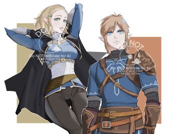 1boy 1girl armor arms_behind_back black_cloak black_gloves black_pants black_sweater blonde_hair blue_eyes blue_shirt blue_tunic bluesky_username border braid breasts cloak closed_mouth cowboy_shot crown_braid earrings frown gloves gold_trim green_eyes hair_ornament hairclip highres hood hood_down hooded_cloak jewelry leather_armor link male_focus medium_breasts nintendo pants parted_lips pointy_ears princess_zelda shirt short_hair sidelocks single_shoulder_pad sweater the_legend_of_zelda the_legend_of_zelda:_tears_of_the_kingdom thigh_gap tunic turtleneck turtleneck_sweater twitter_username upper_body vambraces viii_00908 white_border