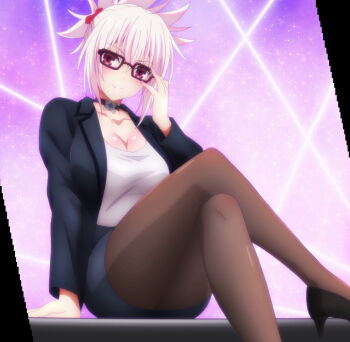 Rule 34 | 1girl, adjusting eyewear, anime screenshot, arm support, ass, ayakashi triangle, black jacket, black skirt, blazer, blush, bow, breasts, choker, cleavage, collarbone, crossed legs, full body, genderswap, genderswap (mtf), glasses, hair between eyes, hair ornament, high heels, jacket, kazamaki matsuri, kazamaki matsuri (female), large breasts, office lady, pantyhose, pumps, red-framed eyewear, red eyes, secretary, shiny skin, shirt, sidelocks, sitting, skirt, smile, solo, stitched, thighs, third-party edit, white hair, white shirt