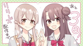 2girls :d blonde_hair border bow bowtie brown_eyes brown_hair character_request closed_mouth commentary_request green_border grey_shirt hair_bun highres lilies_(komiya_yuto) long_hair multiple_girls official_art open_mouth polka_dot_border promotional_art red_bow red_bowtie sakura_yuto shirt single_side_bun smile split_mouth straight_hair translation_request twintails v