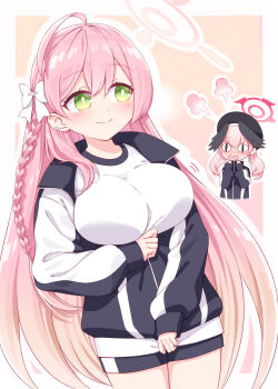 Rule 34 | <|> <|>, 2girls, ahoge, beret, black headwear, black jacket, black shorts, black wings, blue archive, blush, bow, braid, breasts, chibi, closed mouth, commentary request, cosplay, cropped torso, feathered wings, green eyes, gym shirt, gym shorts, gym uniform, hair between eyes, hair bow, halo, hanako (blue archive), harada (sansei rain), hasumi (blue archive), hasumi (blue archive) (cosplay), hasumi (track) (blue archive), hat, head wings, highres, jacket, koharu (blue archive), large breasts, long hair, long sleeves, multiple girls, nose blush, open mouth, outline, pink hair, puffy long sleeves, puffy sleeves, shirt, short shorts, shorts, single braid, sleeves past wrists, smile, sweat, track jacket, twintails, very long hair, wavy mouth, white bow, white outline, white shirt, wings
