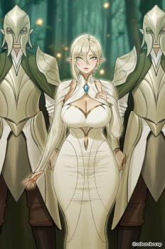 1girl 2boys absurdres armor blonde_hair breasts cleavage commentary dress forest hair_between_eyes hand_on_own_chest helmet highres large_breasts looking_at_viewer mixed-language_commentary multiple_boys nature original outdoors pointy_ears roborobocap shoulder_armor standing tree twitter_username white_dress yellow_eyes