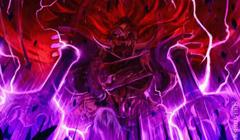 1boy absurdres artist_name aura boss_fight commentary elden_ring electricity english_commentary fake_horns floating_hair greatsword helmet highres horned_helmet horns inktober long_hair male_focus red_hair red_sky sky solo starscourge_radahn sword temmaru1 weapon