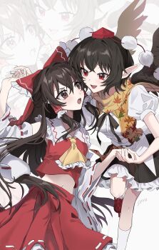 Rule 34 | 2girls, absurdres, artist name, ascot, black skirt, black wings, bow, breasts, brown eyes, brown hair, collared shirt, commentary request, detached sleeves, eye contact, frilled bow, frilled hair tubes, frills, hair bow, hair tubes, hakurei reimu, hat, highres, holding hands, long hair, looking at another, midriff, multiple girls, navel, open mouth, pointy ears, pom pom (clothes), puffy short sleeves, puffy sleeves, red bow, red eyes, red hat, red skirt, ribbon-trimmed sleeves, ribbon trim, scarf, shameimaru aya, shirt, short sleeves, skirt, smile, tokin hat, touhou, uehara suiyo, white shirt, wings, yellow ascot, yellow scarf, yuri
