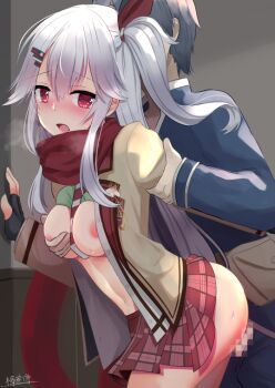 Rule 34 | 1boy, 1girl, ass, between breasts, black gloves, black hair, black ribbon, blush, breasts, censored, clothed sex, commentary request, commission, cowboy shot, fingerless gloves, gloves, grabbing another's arm, grabbing another's breast, grabbing from behind, grey hair, groping, hair between eyes, hair ornament, hair ribbon, hairclip, hanasaki work spring, hand on wall, heavy breathing, hetero, jacket, long hair, long scarf, long sleeves, medium breasts, miniskirt, mosaic censoring, navel, necktie, necktie between breasts, nipples, one side up, open clothes, open jacket, open mouth, parallel hairclips, plaid clothes, plaid skirt, pleated skirt, red eyes, red ribbon, red scarf, red skirt, ribbon, scarf, school uniform, sex, sex from behind, shiranui inori, short hair, sidelocks, signature, skeb commission, skirt, solo focus, stomach, striped clothes, striped necktie, sweat, very long hair, yellow jacket, yukidaruma718