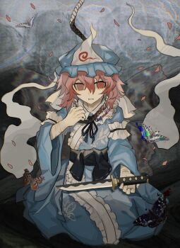 1girl black_ribbon black_sash blue_dress bug butterfly crying crying_with_eyes_open dress falling_petals highres holding holding_knife imminent_suicide insect kneeling knife long_sleeves medium_hair neck_ribbon noose petals pink_eyes pink_hair ribbon saigyouji_yuyuko sash self-harm shiye_hong solo tears touhou wide_sleeves