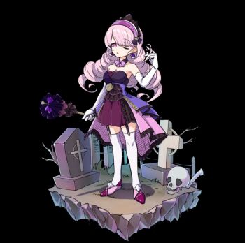 1girl black_background bone breasts butler cleavage collar cross dress drill_hair earrings elbow_gloves flats full_body garter_straps gloves grave graveyard hairband hand_in_own_hair hand_up highres holding holding_rod jewelry large_breasts long_hair merc_storia merc_storia_art_team official_art one_eye_closed parted_lips pink_eyes pink_hair purple_collar purple_hairband rod short_dress simple_background skull solo standing strapless strapless_dress tachi-e thighhighs underbust vilrozze_(merc_storia) white_gloves white_thighhighs