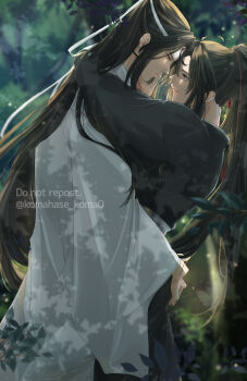 2boys ahoge bishounen black_hair black_hanfu blurry blurry_background chinese_clothes closed_mouth couple day eye_contact face-to-face from_side grey_eyes hair_ribbon hand_on_another's_ass hand_on_another's_chin hanfu headband high_ponytail highres hug imminent_kiss koma_hase lan_wangji leaf long_hair long_sleeves looking_at_another male_focus modao_zushi multiple_boys nature outdoors parted_lips ponytail profile red_ribbon ribbon robe sidelocks smile standing tree twitter_username upper_body very_long_hair watermark wei_wuxian white_hanfu white_headband wide_sleeves yaoi yellow_eyes