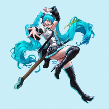 1girl ;d arm_tattoo artist_name black_boots black_skirt black_sleeves blue_background blue_eyes blue_hair blue_nails blue_necktie boots commentary detached_sleeves electric_guitar english_commentary grey_shirt guitar hatsune_miku headphones headset high_heel_boots high_heels highres instrument knee_up long_hair looking_at_viewer looking_to_the_side necktie number_tattoo one_eye_closed open_mouth pepedraws pleated_skirt reaching reaching_towards_viewer shirt skirt sleeveless sleeveless_shirt smile solo spring_onion tattoo thigh_boots twintails very_long_hair vocaloid