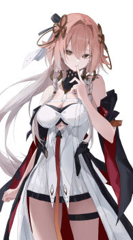 1girl absurdres bare_shoulders black_collar black_jacket body_markings braid breasts changli_(wuthering_waves) cleavage closed_mouth collar dress finger_to_mouth hair_between_eyes hair_extensions hair_intakes hair_ornament hand_up highres index_finger_raised jacket large_breasts long_hair looking_at_viewer missing_commentary multicolored_hair pink_hair ring_hair_extensions shushing simple_background solo tacet_mark_(wuthering_waves) thigh_strap thighs twin_braids two-tone_hair very_long_hair white_background white_dress white_hair wuthering_waves xuegao_ice yellow_eyes