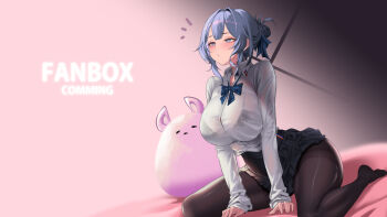 Rule 34 | 1girl, black pantyhose, black skirt, blue bow, blue bowtie, blue eyes, blue ribbon, bow, bowtie, bra visible through clothes, breasts, collared shirt, commentary, english commentary, grey hair, hair intakes, hair ribbon, highres, large breasts, long sleeves, mad kimo, original, pantyhose, plaid bow, plaid bowtie, plaid clothes, pleated skirt, ribbon, shirt, skirt, white shirt