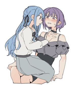 2girls bang_dream! bang_dream!_it&#039;s_mygo!!!!! black_choker black_ribbon black_skirt blue_hair choker choker_pull commentary grey_shirt grey_skirt hair_ribbon hashtag-only_commentary highres jenjen multiple_girls off-shoulder_shirt off_shoulder parted_lips pink_eyes purple_hair ribbon shirt short_hair simple_background sitting sitting_on_lap sitting_on_person skirt togawa_sakiko two_side_up white_background white_shirt yellow_eyes yuri yuutenji_nyamu