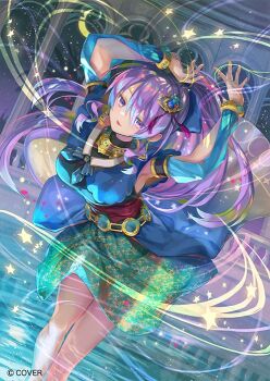 1girl armpits arms_up bisaiiiii black_shirt blue_bow blue_sleeves bow breasts commentary_request copyright_name dancing detached_sleeves dutch_angle earrings green_skirt hair_bow hair_ornament high_ponytail hololive hololive_indonesia indonesian_clothes indoors jewelry large_breasts long_hair looking_at_viewer moona_hoshinova moona_hoshinova_(indonesian_casual) night official_alternate_costume official_art open_mouth ponytail print_skirt purple_eyes purple_hair shirt skin_tight skirt sleeve_slit sleeveless sleeveless_shirt solo triangle_earrings very_long_hair virtual_youtuber waist_cape