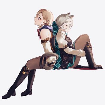 1boy 1girl animal_ear_fluff animal_ears aqua_bow aqua_bowtie arm_support back-to-back black_boots black_corset black_dress black_gloves blonde_hair boots bow bowtie braid brother_and_sister brown_bow brown_bowtie brown_pantyhose brown_thighhighs cat_ears cat_girl cat_tail closed_eyes closed_mouth commentary_request corset detached_sleeves dress genshin_impact gloves grey_hair hair_between_eyes hair_bow highres huge_bow invisible_chair juliet_sleeves knees_up long_hair long_sleeves looking_ahead low_ponytail lynette_(genshin_impact) lyney_(genshin_impact) nekorin_chu pantyhose parted_bangs pleated_dress ponytail puffy_sleeves purple_eyes red_bow red_bowtie shirt short_dress short_hair shrug_(clothing) siblings simple_background single_braid sitting sleeve_cuffs sleeveless sleeveless_shirt smile tail tail_around_arm thighhighs twins white_background white_shirt white_sleeves
