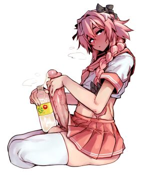1boy after_ejaculation after_masturbation astolfo_(fate) astolfo_(sailor_paladin)_(fate) astolfo_monster_cosplay_(meme) blush bottle bow braid c.c._lemon crossdressing crossdressing_(mtf) cum cum_in_container cumdrip doppel_(bonnypir) ejaculation erection fate/grand_order fate_(series) finni_081 hair_between_eyes hair_bow half-closed_eyes heavy_breathing highres huge_penis long_braid long_hair looking_at_viewer male_focus male_masturbation masturbation meme midriff multicolored_hair official_alternate_costume penis pink_hair pink_skirt pleated_skirt school_uniform serafuku short_sleeves simple_background sitting size_comparison skirt solo streaked_hair sweatdrop testicles thighhighs torogao trap uncensored veins veiny_penis white_background white_hair white_thighhighs