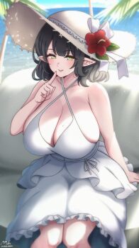 1girl alternate_hairstyle black_hair blush breasts cleavage dress finger_to_mouth flower frilled_dress frills green_eyes hat hat_flower hilde_(trickcal) huge_breasts lips majinmallow mole mole_on_breast ocean outdoors pointy_ears short_hair signature sitting smile solo straw_hat sun_hat trickcal white_dress