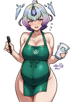 :d absurdres apron areola_slip blush breasts bright_pupils cleavage commentary cowboy_shot cup curvy english_commentary fire_emblem fire_emblem_heroes floating floating_object forehead_jewel green_apron highres holding holding_cup holding_pen iced_latte_with_breast_milk_(meme) large_breasts looking_at_viewer meme naked_apron nervous_smile nintendo open_mouth pen pregnant rotomdocs seidr_(fire_emblem) short_hair simple_background smile starbucks white_background white_pupils