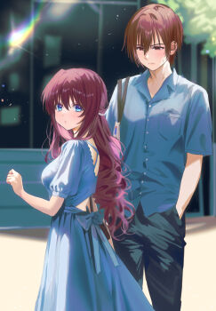 1boy 1girl a-chan_(little_busters!) absurdres alternate_costume back_bow beads black_pants blue_bow blue_eyes blurry blurry_background blush bow brown_hair casual closed_mouth collared_shirt commentary_request day dress dress_shirt feet_out_of_frame from_side hair_beads hair_between_eyes hair_ornament half_updo hand_in_pocket hand_up highres hot little_busters! long_hair looking_at_another looking_at_viewer miiizuno_lbs natsume_kyousuke outdoors pants puffy_short_sleeves puffy_sleeves shirt short_hair short_sleeves split_mouth standing straight_hair sweatdrop tsurime very_long_hair wavy_hair white_dress white_shirt