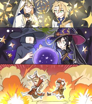 1boy 4girls albedo_(genshin_impact) alice_(genshin_impact) blue_leotard bodystocking earrings fur_collar genshin_impact gold_shoes hat highres jewelry kivartx klee_(genshin_impact) large_hat leotard long_hair mona_(genshin_impact) multiple_girls purple_hat purple_leotard red_hat rhinedottir_(genshin_impact) shoes star_(symbol) star_earrings witch witch_hat