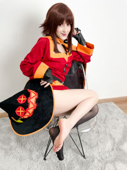 1girl absurdres asymmetrical_legwear barefoot belt black_cape black_gloves black_hat black_socks brown_hair cape carpet chair clothes_lift cosplay cosplay_photo covering_ass covering_privates dress dress_lift feet fingerless_gloves gloves hat highres indoors kneehighs kono_subarashii_sekai_ni_shukufuku_wo! lips long_hair long_sleeves looking_at_viewer megumin megumin_(cosplay) mismatched_legwear photo_(medium) red_dress self_exposure sidelocks single_kneehigh single_sock sitting smile socks soles solo stelarhoshi toes transparent unworn_hat unworn_headwear wall witch_hat yellow_trim yokozuwari