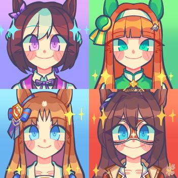 Rule 34 | 4girls, animal ears, blue eyes, blue jacket, blunt bangs, blush, bow, braid, brown hair, closed mouth, coat, collarbone, collared shirt, domino mask, ear bow, ear covers, ear ornament, ear ribbon, ear scrunchie, el condor pasa (el numero 1) (umamusume), el condor pasa (umamusume), eye mask, grass wonder (stone-piercing blue) (umamusume), grass wonder (umamusume), green eyes, hair between eyes, hair ornament, hairband, highres, hime cut, horse ears, horse girl, jacket, long hair, looking at viewer, mask, multicolored hair, multiple girls, orange hair, portrait, purple bow, purple eyes, purple ribbon, red coat, red jacket, ribbon, sailor collar, shirt, short hair, silence suzuka (innocent silence) (umamusume), silence suzuka (umamusume), smile, special week (special dreamer) (umamusume), special week (umamusume), star (symbol), sunsunsweetie, two-tone hair, umamusume, white hair, white hairband, white sailor collar, yellow shirt