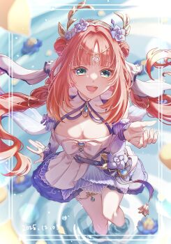 1girl absurdres aqua_eyes bare_shoulders barefoot blue_dress blue_sleeves blush breasts cleavage commentary_request crxcdj detached_sleeves double_bun dress flower genshin_impact hair_bun hair_flower hair_ornament highres hydro_symbol_(genshin_impact) long_hair looking_at_viewer medium_breasts nilou_(breeze_of_sabaa)_(genshin_impact) nilou_(genshin_impact) official_alternate_costume official_alternate_hairstyle open_mouth purple_flower red_hair sleeveless sleeveless_dress solo twintails very_long_hair vision_(genshin_impact) water