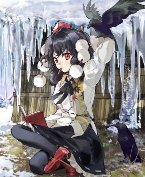 1girl animal arm_behind_head bird black_hair black_pantyhose black_skirt commentary_request crow frilled_skirt frills geta hat highres holding holding_notebook icicle kaigen_1025 looking_to_the_side mouth_hold notebook on_ground pantyhose pom_pom_(clothes) red_eyes red_hat shameimaru_aya shirt short_hair sitting skirt solo tengu-geta tokin_hat touhou white_shirt winter