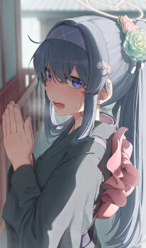 1girl absurdres alternate_costume back_bow black_hair blue_archive blue_eyes blush bow commentary_request csham flower green_flower green_kimono hair_flower hair_ornament halo highres japanese_clothes kimono long_hair open_mouth own_hands_together pink_bow pink_flower ponytail purple_flower solo ui_(blue_archive) yellow_halo