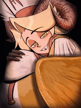 1boy abel_(hazbin_hotel) angel angel_wings blonde_hair bomu00117 epaulettes feathered_wings hazbin_hotel hellaverse highres horizontal_pupils horns looking_at_viewer sheep_horns solo wings