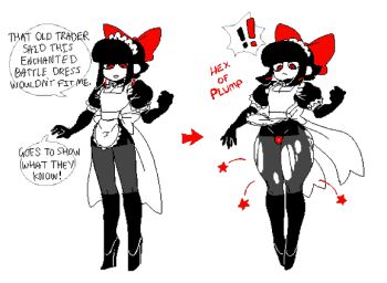 1boy apron back_bow black_gloves black_hair bow bulge choker crossdressing crossdressing_(mtf) dizzyspells earrings elbow_gloves english_text gloves growth hair_bow high_heels instant_loss jewelry maid maid_apron maid_headdress male_focus male_maid multiple_views original pantyhose puffy_sleeves red_bow red_eyes scythe_(dizzyspells) short_hair star_(symbol) thighhighs torn_clothes torn_pantyhose trap