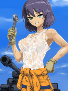 10s 1girl breasts covered_erect_nipples female_focus girls_und_panzer gloves green_eyes grin hand_on_own_hip highres hoshino_(girls_und_panzer) jumpsuit looking_at_viewer military military_vehicle motor_vehicle nipples orange_jumpsuit overalls rasukaru see-through_clothes shiny_skin shirt smile solo standing sweat sweatdrop tank tank_top tied_shirt tools vehicle wet wet_clothes wet_shirt wrench