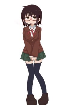 Rule 34 | 1girl, between legs, black thighhighs, blush, breath, brown eyes, brown hair, brown jacket, brown shoes, collared shirt, embarrassed, female focus, full body, glasses, green skirt, hand between legs, have to pee, jacket, knees together feet apart, long sleeves, looking at viewer, matching hair/eyes, miniskirt, neck ribbon, nose blush, open mouth, original, own hands together, pigeon-toed, pleated skirt, ponnu (tnpn2yw), red-framed eyewear, red ribbon, ribbon, school uniform, semi-rimless eyewear, shirt, shoes, short hair, sidelocks, simple background, skirt, solo, standing, thighhighs, v arms, white background, white shirt