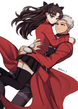 1boy 1girl absurdres archer_(fate) black_hair black_pants black_skirt black_thighhighs blue_eyes carrying carrying_person commentary_request dark-skinned_male dark_skin fate/stay_night fate_(series) grey_eyes highres miniskirt ohmoto_9 pants red_shirt shirt skirt smile thighhighs tohsaka_rin turtleneck turtleneck_shirt twitter_username two_side_up watermark white_hair zettai_ryouiki