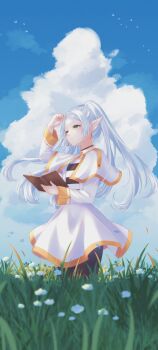 Rule 34 | 1girl, absurdres, amarisuu, arm up, black pantyhose, book, capelet, closed mouth, cloud, commentary, cumulonimbus cloud, earrings, elf, english commentary, flower, frieren, from side, gold trim, grass, green eyes, highres, holding, holding book, jewelry, long hair, meadow, outdoors, pantyhose, parted bangs, pointy ears, shirt, skirt, solo, sousou no frieren, striped clothes, striped shirt, tall grass, teardrop earrings, twintails, white capelet, white flower, white hair, white skirt