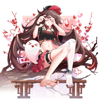 absurdres barefoot blush foot_tease genshin_impact happy highres hu_tao_(genshin_impact) leaning_forward sitting smile spread_legs tongue