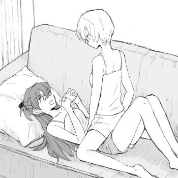 2girls ayanami_rei barefoot camisole cellphone commentary couch greyscale holding holding_phone indoors long_hair monochrome multiple_girls mutsu_(layergreen) neon_genesis_evangelion on_couch open_mouth phone pillow short_hair shorts smartphone souryuu_asuka_langley straddling yuri