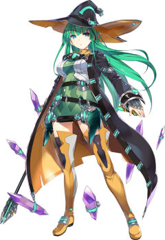 1girl black_cloak boots breasts choukou_(alicesoft) choukou_taisen_escalation_heroines cloak full_body green_eyes green_hair hat highres long_hair looking_to_the_side masou_shizuka medium_breasts official_art open_cloak open_clothes orange_boots orion_(orionproject) rance_(series) solo tachi-e thigh_boots two-tone_cloak witch_hat