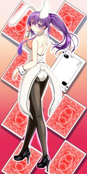 Rule 34 | 1girl, absurdres, animal ears, back, black pantyhose, card, gochuumon wa usagi desu ka?, high heels, highres, leotard, looking back, maxima sakuya, necktie, pantyhose, playboy bunny, playing card, purple necktie, rabbit ears, tedeza rize, white leotard, wrist cuffs