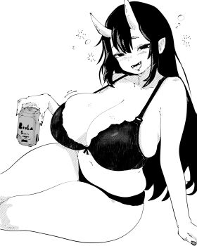 1girl absurdres arm_support bra breasts can cleavage commentary double-parted_bangs drink_can drunk english_commentary greyscale hair_between_eyes half-closed_eyes hatching_(texture) highres holding holding_can horns huge_breasts linear_hatching long_hair looking_at_viewer miregeist monochrome navel oni open_mouth original panties plump simple_background sitting skin-covered_horns smile solo squeans underwear underwear_only white_background