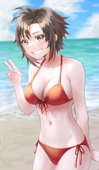 1girl absurdres arm_behind_back bikini blue_sky blush breasts brown_hair cleavage cloud front-tie_top grey_eyes groin halterneck highres horizon lowerandlower91 medium_breasts messy_hair multicolored_hair ocean red_bikini red_hair ruby_rose rwby sand short_hair side-tie_bikini_bottom sky smile solo streaked_hair string_bikini swimsuit water waving
