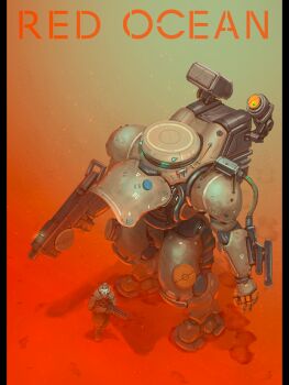 assault_rifle bottoms1237 commentary_request english_text gun helmet highres holding holding_gun holding_weapon mecha original rifle robot science_fiction weapon