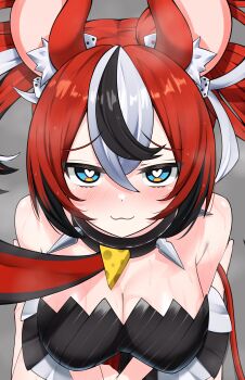 1girl :3 absurdres animal_ear_fluff animal_ears armpit_crease black_bra black_hair black_streaks blue_eyes blush bra breasts bright_pupils choker cleavage dice dice_hair_ornament double-parted_bangs from_above hair_between_eyes hair_ornament hakos_baelz hakos_baelz_(1st_costume) heart heart-shaped_pupils highres hololive hololive_english kneeling large_breasts leash looking_at_viewer mouse_ears mouse_tail multicolored_hair multicolored_skirt nobarts paid_reward_available pleated_skirt pov red_hair skirt spiked_choker spikes steam sweat symbol-shaped_pupils tail twintails underwear uneven_twintails viewer_holding_leash virtual_youtuber white_hair