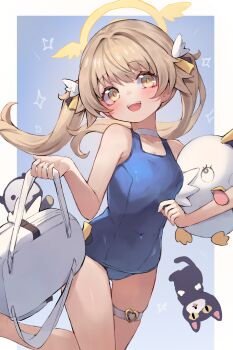 1girl :d absurdres backboob bag bare_arms bare_shoulders blue_archive blue_one-piece_swimsuit blush breasts brown_hair choker collarbone covered_navel floating_hair hair_ornament halo hifumi_(blue_archive) highres holding holding_bag hugging_object loli long_hair looking_at_viewer miya_(miyaruta) old_school_swimsuit one-piece_swimsuit open_mouth peroro_(blue_archive) school_swimsuit skindentation skullman_(blue_archive) small_breasts smile solo swimsuit thigh_strap twintails very_long_hair wavecat_(blue_archive) white_choker winged_halo yellow_eyes yellow_halo