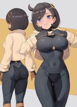 1girl absurdres amayo_thranana ass black_bodysuit black_hair blue_eyes bodysuit breasts closed_mouth clothes_lift commentary_request dark-skinned_female dark_skin emma_(pokemon) hair_ornament highres jacket jacket_lift large_breasts lifting_own_clothes multiple_views nintendo paid_reward_available pokemon pokemon_legends:_z-a short_hair side_ahoge skin_tight