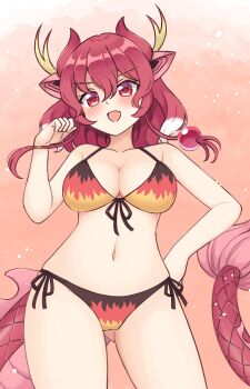 1girl :d absurdres animal_ears bare_arms bare_shoulders bikini blush breasts cleavage colored_tips contrapposto cowboy_shot dragon_girl dragon_horns dragon_tail fang front-tie_bikini_top front-tie_top gluteal_fold hair_between_eyes hair_bobbles hair_ornament hand_on_own_hip hand_up highres horns kemono_friends large_breasts long_hair long_tail multicolored_bikini multicolored_hair navel open_mouth orange_background red_dragon_(kemono_friends) red_eyes red_hair red_horns red_tail shiraha_maru side-tie_bikini_bottom skin_fang smile solo standing swimsuit tail v-shaped_eyebrows wavy_hair