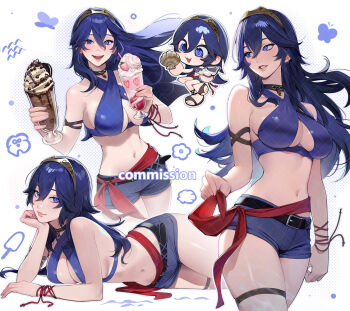 Rule 34 | 1girl, :3, alternate breast size (larger), alternate costume, belt, belt buckle, bikini, black belt, blue bikini, blue eyes, blue hair, blue shorts, breasts, buckle, chibi, commentary, commission, english commentary, fire emblem, fire emblem awakening, floating hair, grin, hair between eyes, head rest, holding, holding seashell, large breasts, lavelis, lips, long hair, looking at viewer, lucina (fire emblem), medium breasts, navel, nintendo, pink lips, sandals, seashell, second-party source, shell, short shorts, shorts, skindentation, smile, stomach, swimsuit, thick thighs, thighs, tiara, white background