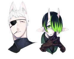 Rule 34 | 2boys, animal ear fluff, animal ears, black eyes, black hair, brown gloves, cigarette, colored skin, commentary request, eyepatch, fox boy, fox ears, gloves, green eyes, green hair, hair over one eye, hands up, highres, horns, looking at viewer, male focus, monster boy, mouth hold, multicolored eyes, multiple boys, original, pointy ears, portrait, red eyes, ringed eyes, sharp teeth, short eyebrows, short hair, simple background, skin-covered horns, slit pupils, squinting, steepled fingers, teeth, two-tone eyes, very short hair, white background, white hair, white skin, zzb azz
