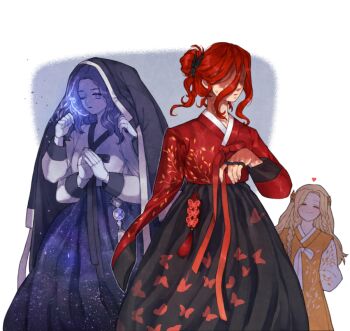 1boy 2girls black_dress blonde_hair blue_dress blue_hair brother_and_sister butterfly_wings doll_joints donar0217 dress elden_ring fromsoftware heart insect_wings joints malenia_blade_of_miquella miquella_(elden_ring) multiple_girls ranni_the_witch red_hair siblings sisters wings