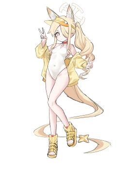 1girl above-cleavage_cutout absurdres animal_ear_fluff animal_ears arcaeder_17 bare_legs blonde_hair blue_archive breasts casual_one-piece_swimsuit clothing_cutout commentary_request covered_navel double_v extra_ears fox_ears fox_girl fox_tail full_body hair_over_one_eye halo highres jacket jacket_partially_removed long_hair looking_at_viewer official_alternate_costume one-piece_swimsuit one_eye_covered seia_(blue_archive) seia_(swimsuit)_(blue_archive) shoes side_ponytail simple_background small_breasts smile solo swimsuit tail v very_long_hair visor_cap white_background white_one-piece_swimsuit yellow_eyes yellow_jacket yellow_shoes