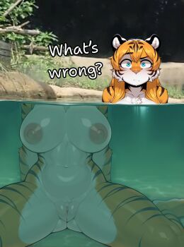 1girl :/ animal_ears arm_support blue_eyes breasts cleft_of_venus clitoral_hood english_text furry furry_female highres large_breasts long_hair looking_at_viewer navel nipples orange_hair original outdoors partially_submerged partially_underwater_shot photo-referenced photo_background pool pussy raised_eyebrow sitting striped_fur striped_hair thighs tiger_ears tiger_girl tiger_stripes wariza water whloffortune